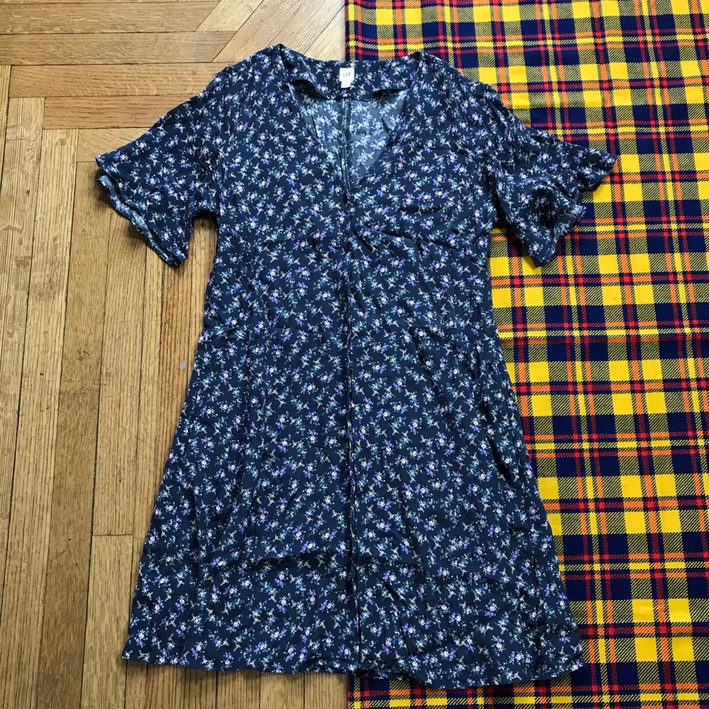 GAP Mini Floral Blue V Neck Short Sleeve Dress
